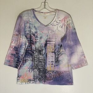 Allison Daley Top Womens Medium Multicolor 3/4 Sleeve Cityscape Rhinestone Tee M